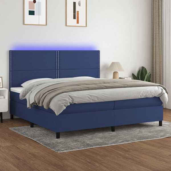 LED-valgustusega kontinentaalvoodi koos 2 madratsiga, sinine, 200 × 200 cm, kangas — mudel 3134827