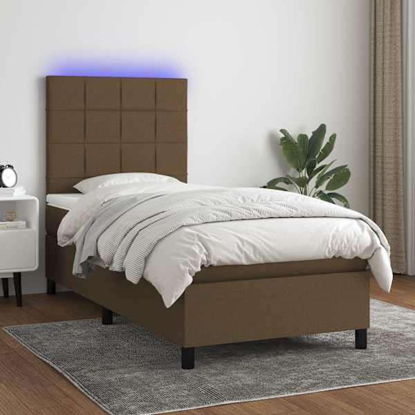 LED-valgustusega kontinentaalvoodi koos madratsiga, tumepruun, 90 × 190 cm, kangas — mudel 3134840