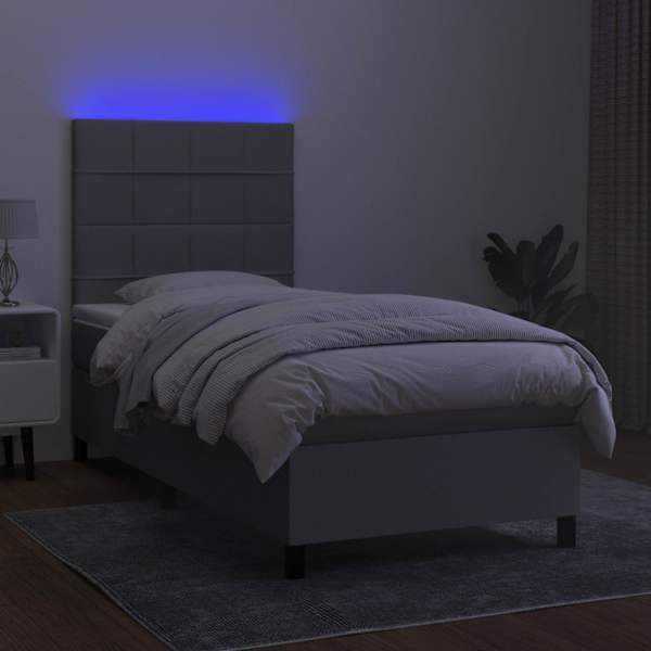 LED-valgustusega kontinentaalvoodi koos madratsiga, helehall, 90 × 200 cm, kangas — mudel 3134845