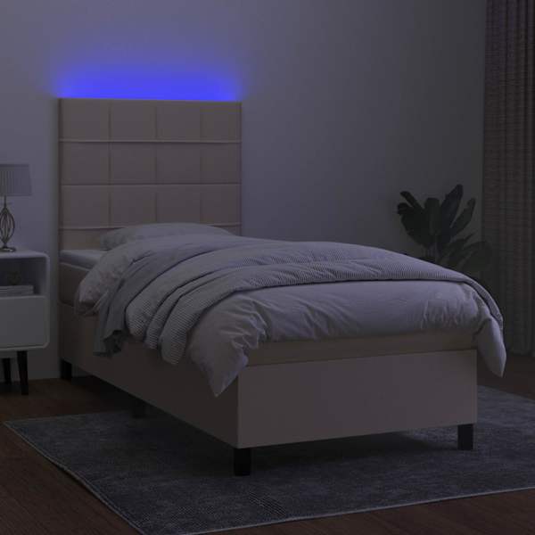 LED-valgustusega kontinentaalvoodi koos madratsiga, kreemjasvalge, 90 × 200 cm, kangas — mudel 3134850
