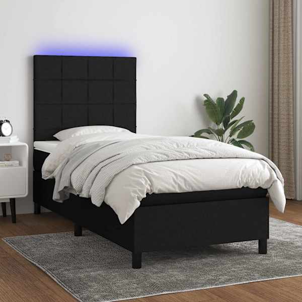 LED-valgustusega kontinentaalvoodi koos madratsiga, must, 100 × 200 cm, kangas — mudel 3134855