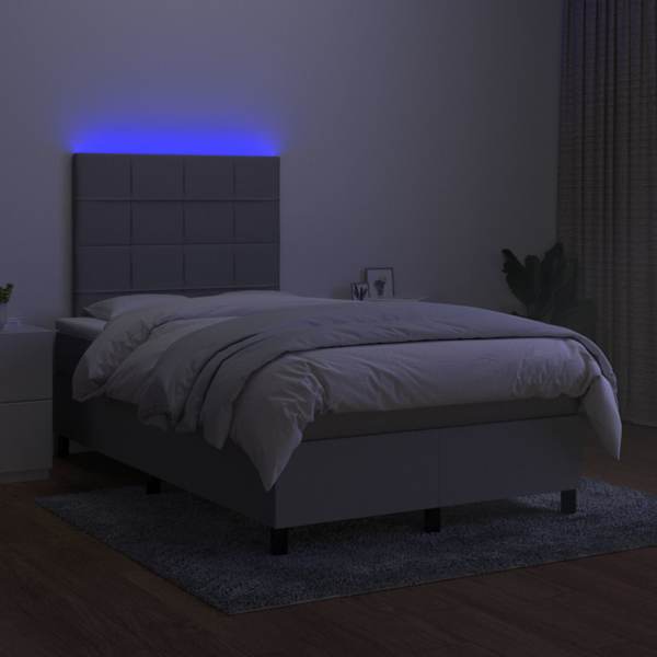 LED-valgustusega kontinentaalvoodi koos madratsiga, helehall, 120 × 200 cm, kangas — mudel 3134861