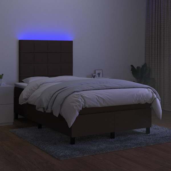 LED-valgustusega kontinentaalvoodi koos madratsiga, tumepruun, 120 × 200 cm, kangas — mudel 3134864