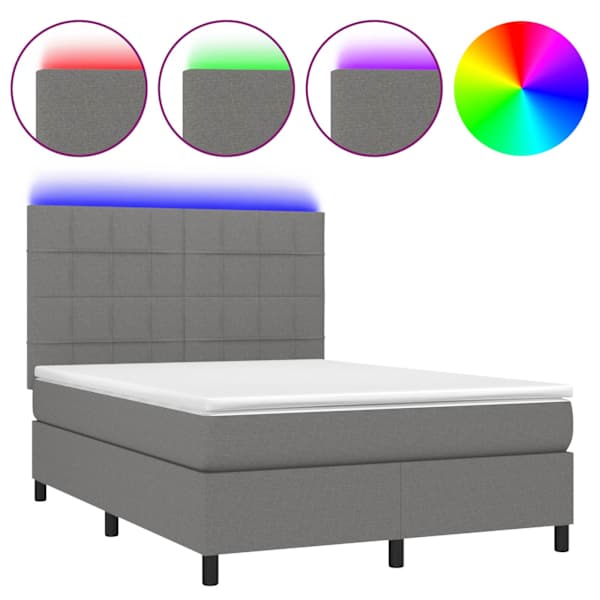 LED-valgustusega kontinentaalvoodi koos madratsiga, tumehall, 140 × 190 cm, kangas — mudel 3134870
