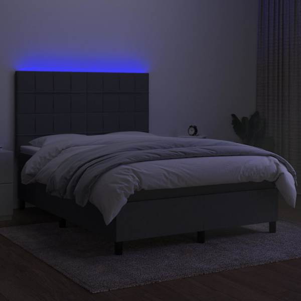 LED-valgustusega kontinentaalvoodi koos madratsiga, tumehall, 140 × 190 cm, kangas — mudel 3134870