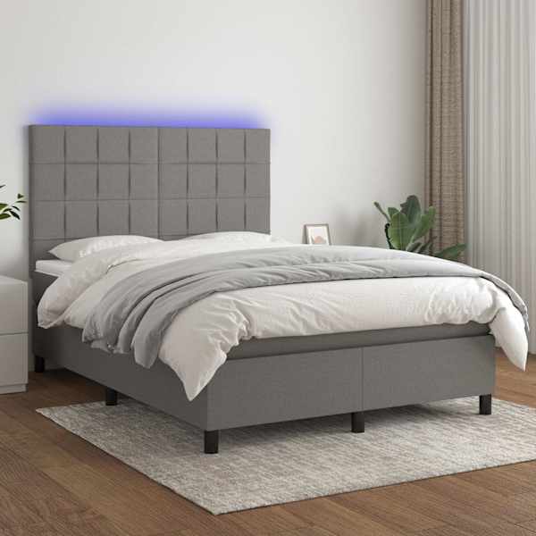 LED-valgustusega kontinentaalvoodi koos madratsiga, tumehall, 140 × 190 cm, kangas — mudel 3134870