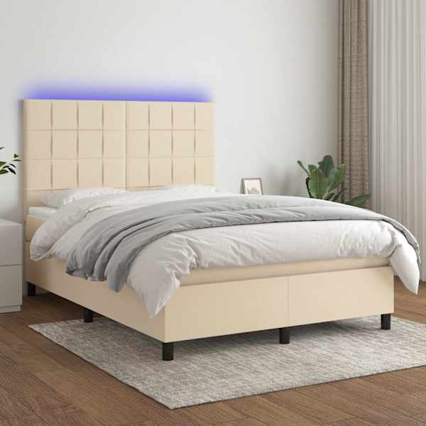 LED-valgustusega kontinentaalvoodi koos madratsiga, kreemjasvalge, 140 × 190 cm, kangas — mudel 3134874