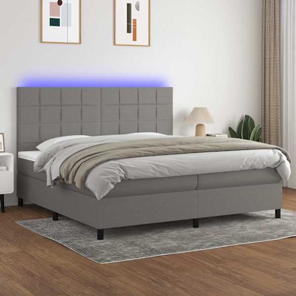 LED-valgustusega kontinentaalvoodi koos 2 madratsiga, tumehall, 200 × 200 cm, kangas — mudel 3134902