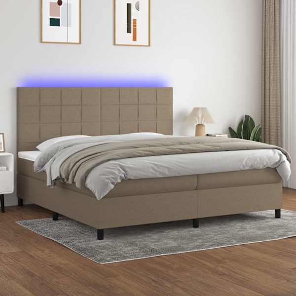 LED-valgustusega kontinentaalvoodi koos 2 madratsiga, pruunikashall, 200 × 200 cm, kangas — mudel 3134905
