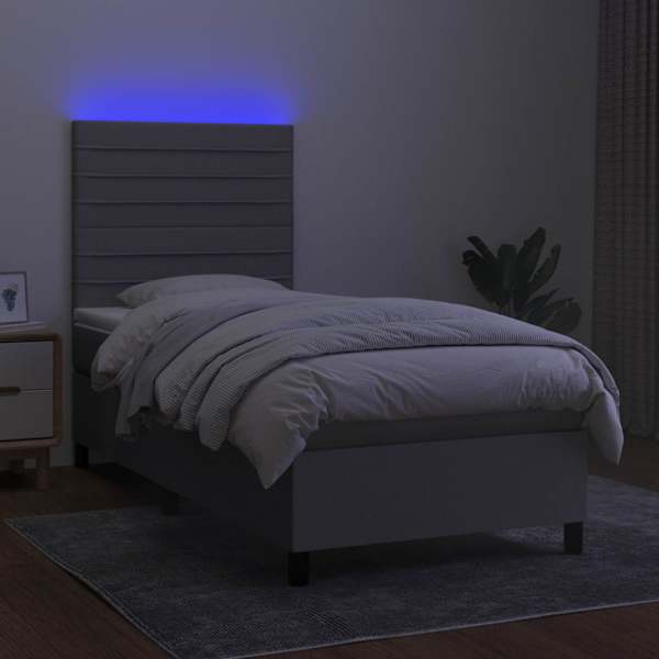 LED-valgustusega kontinentaalvoodi koos madratsiga, helehall, 90 × 190 cm, kangas — mudel 3134917
