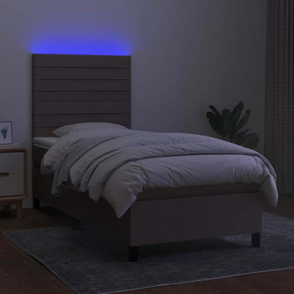 LED-valgustusega kontinentaalvoodi koos madratsiga, pruunikashall, 90 × 190 cm, kangas — mudel 3134921