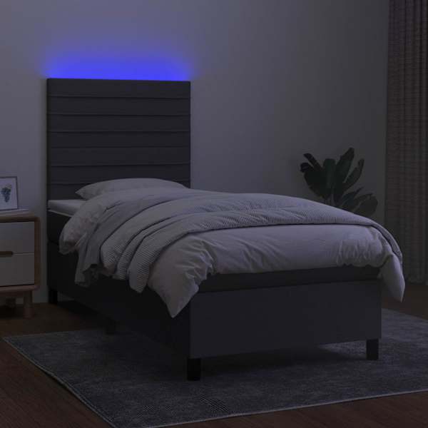 LED-valgustusega kontinentaalvoodi koos madratsiga, tumehall, 90 × 200 cm, kangas — mudel 3134926