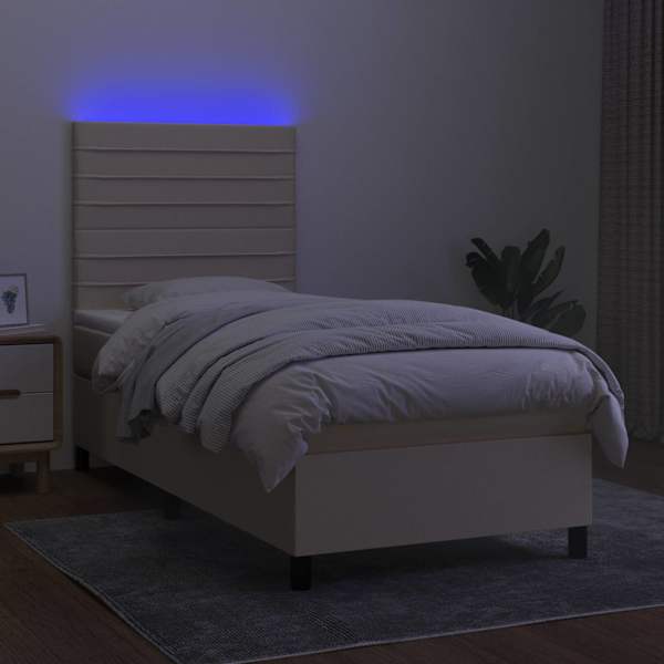 LED-valgustusega kontinentaalvoodi koos madratsiga, kreemjasvalge, 90 × 200 cm, kangas — mudel 3134930