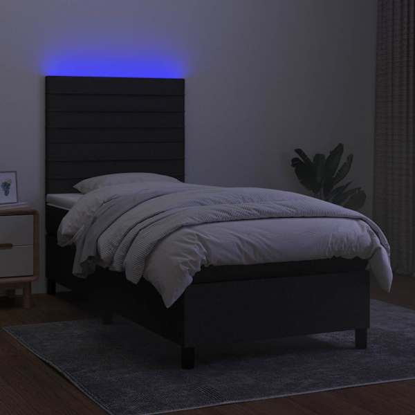 LED-valgustusega kontinentaalvoodi koos madratsiga, must, 100 × 200 cm, kangas — mudel 3134935