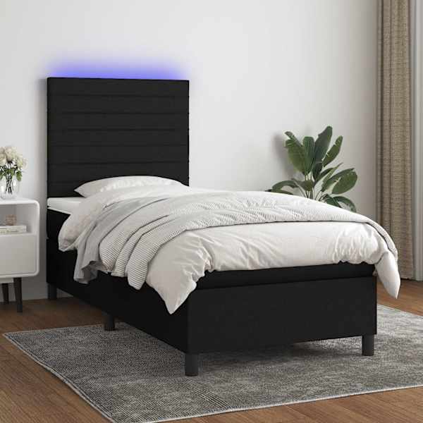 LED-valgustusega kontinentaalvoodi koos madratsiga, must, 100 × 200 cm, kangas — mudel 3134935
