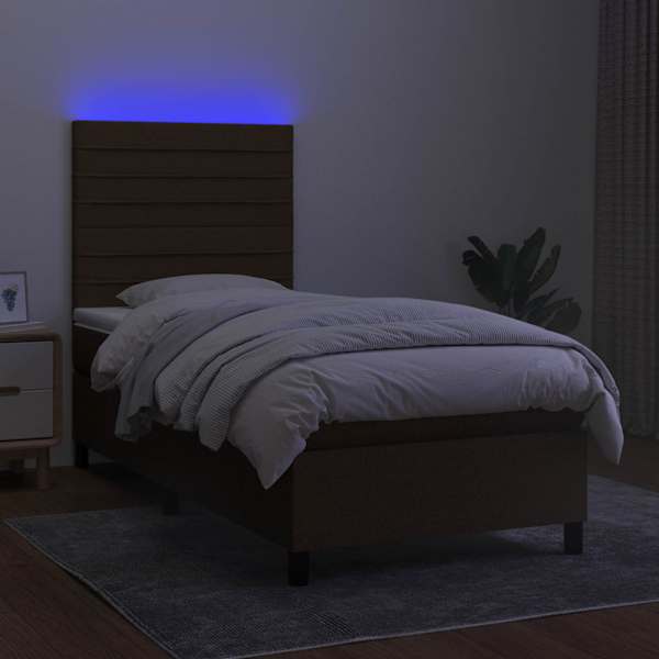 LED-valgustusega kontinentaalvoodi koos madratsiga, tumepruun, 100 × 200 cm, kangas — mudel 3134936