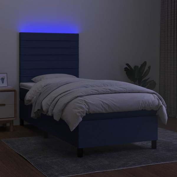 LED-valgustusega kontinentaalvoodi koos madratsiga, sinine, 100 × 200 cm, kangas — mudel 3134939