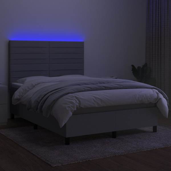 LED-valgustusega kontinentaalvoodi koos madratsiga, helehall, 140 × 190 cm, kangas — mudel 3134949