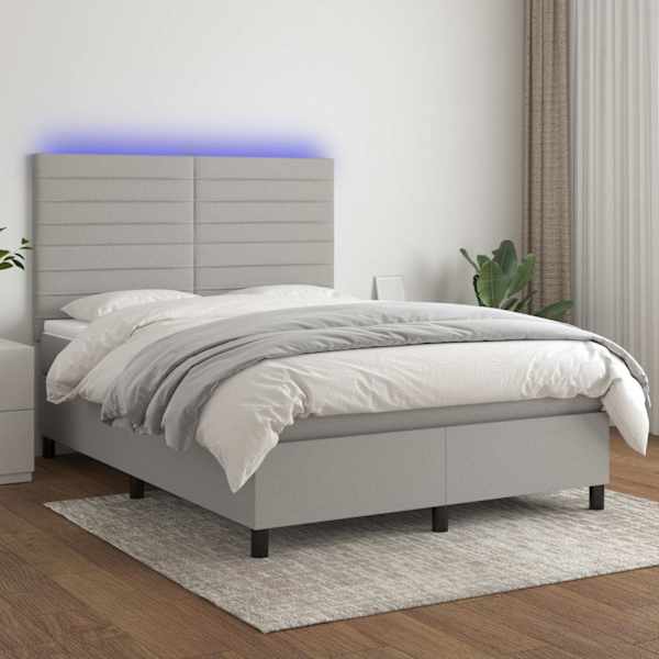 LED-valgustusega kontinentaalvoodi koos madratsiga, helehall, 140 × 190 cm, kangas — mudel 3134949
