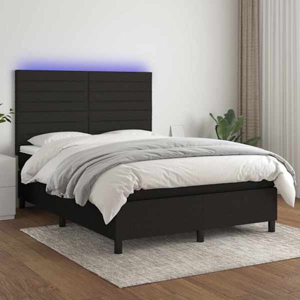 LED-valgustusega kontinentaalvoodi koos madratsiga, must, 140 × 200 cm, kangas — mudel 3134959