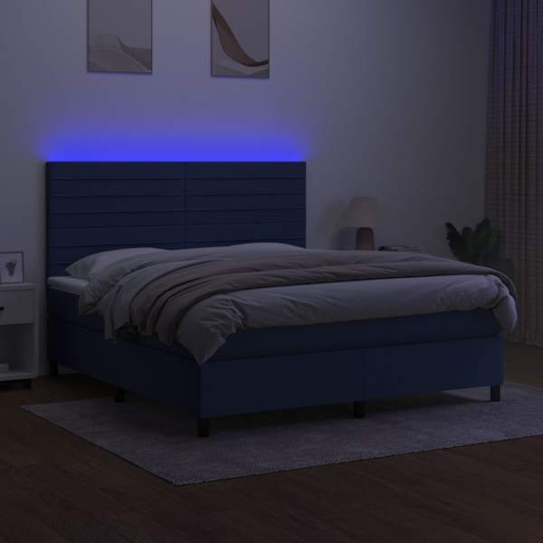 LED-valgustusega kontinentaalvoodi koos madratsiga, sinine, 160 × 200 cm, kangas — mudel 3134971