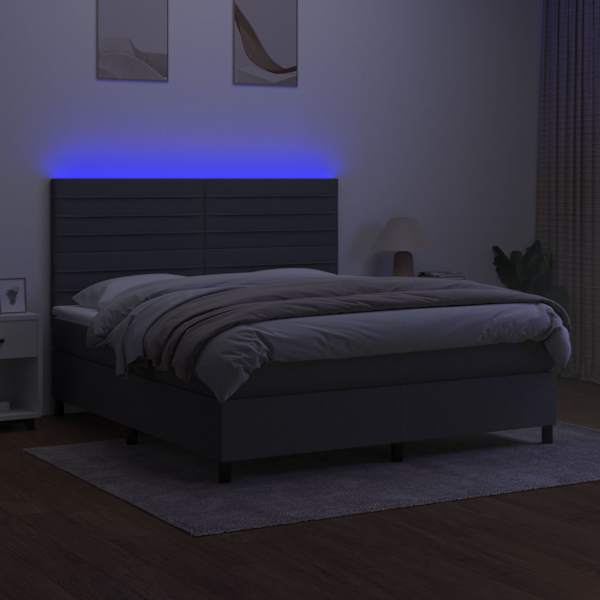 LED-valgustusega kontinentaalvoodi koos madratsiga, tumehall, 180 × 200 cm, kangas — mudel 3134974