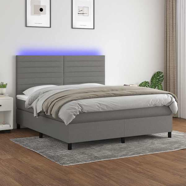 LED-valgustusega kontinentaalvoodi koos madratsiga, tumehall, 180 × 200 cm, kangas — mudel 3134974