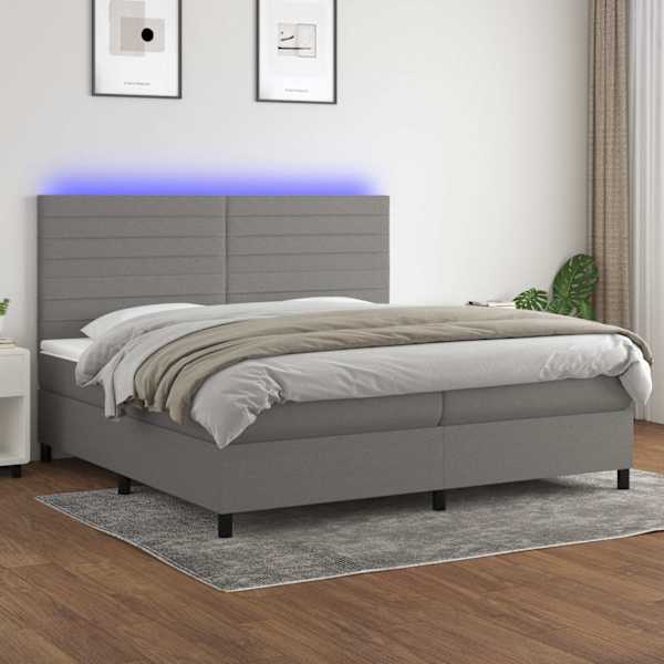 LED-valgustusega kontinentaalvoodi koos 2 madratsiga, tumehall, 200 × 200 cm, kangas — mudel 3134982