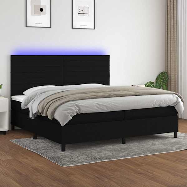 LED-valgustusega kontinentaalvoodi koos 2 madratsiga, must, 200 × 200 cm, kangas — mudel 3134983