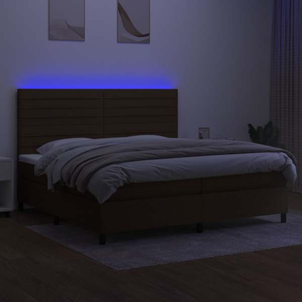 LED-valgustusega kontinentaalvoodi koos 2 madratsiga, tumepruun, 200 × 200 cm, kangas — mudel 3134984