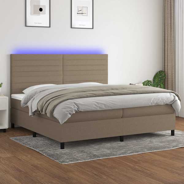 LED-valgustusega kontinentaalvoodi koos 2 madratsiga, pruunikashall, 200 × 200 cm, kangas — mudel 3134985