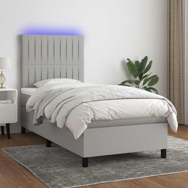 LED-valgustusega kontinentaalvoodi koos madratsiga, helehall, 90 × 190 cm, kangas — mudel 3134997