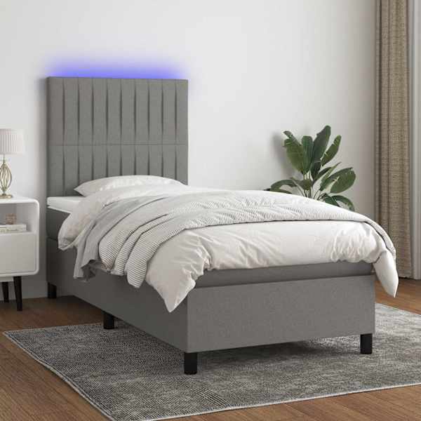 LED-valgustusega kontinentaalvoodi koos madratsiga, tumehall, 90 × 190 cm, kangas — mudel 3134998