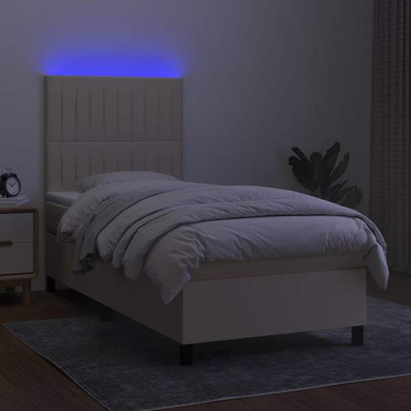 LED-valgustusega kontinentaalvoodi koos madratsiga, kreemjasvalge, 90 × 200 cm, kangas — mudel 3135010