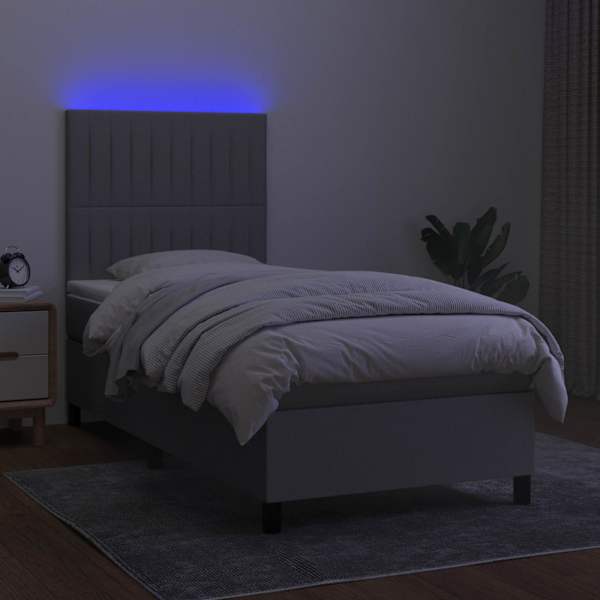 LED-valgustusega kontinentaalvoodi koos madratsiga, helehall, 100 × 200 cm, kangas — mudel 3135013