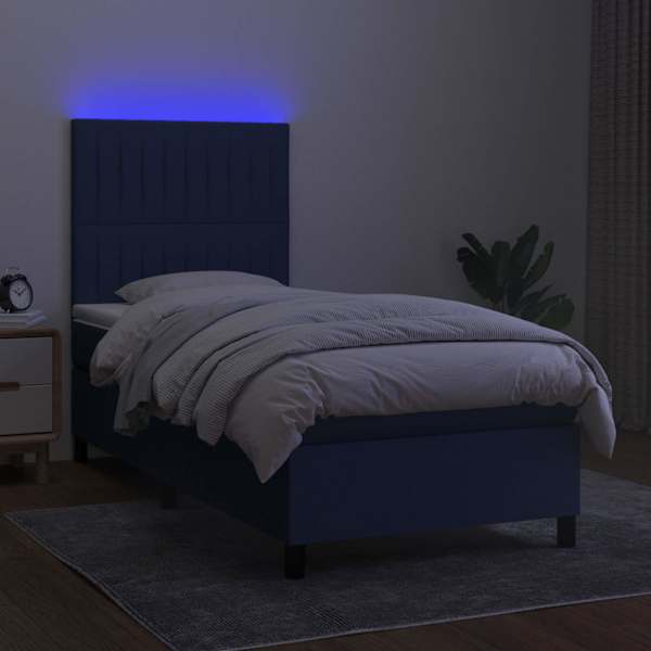 LED-valgustusega kontinentaalvoodi koos madratsiga, sinine, 100 × 200 cm, kangas — mudel 3135019