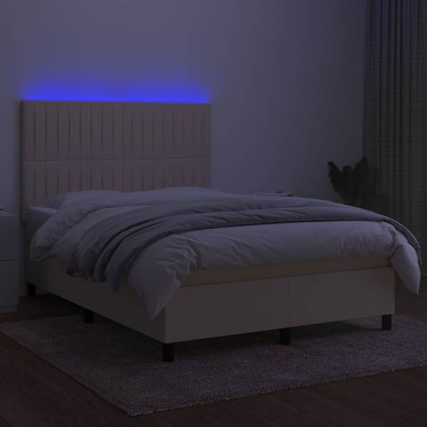LED-valgustusega kontinentaalvoodi koos madratsiga, kreemjasvalge, 140 × 200 cm, kangas — mudel 3135042