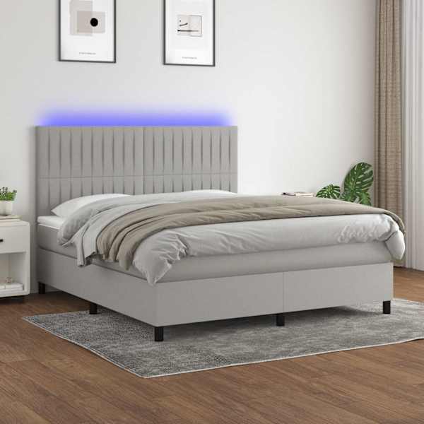 LED-valgustusega kontinentaalvoodi koos madratsiga, helehall, 160 × 200 cm, kangas — mudel 3135045