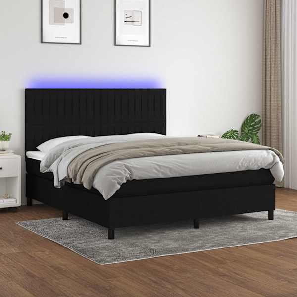 LED-valgustusega kontinentaalvoodi koos madratsiga, must, 160 × 200 cm, kangas — mudel 3135047