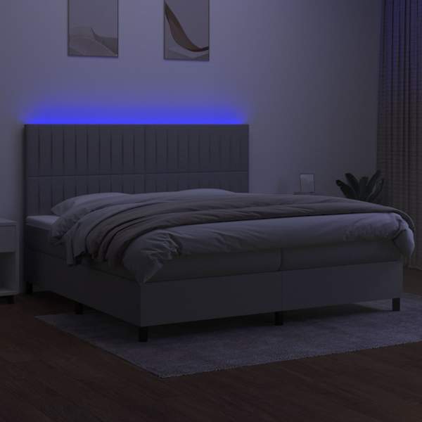 LED-valgustusega kontinentaalvoodi koos 2 madratsiga, helehall, 200 × 200 cm, kangas — mudel 3135061