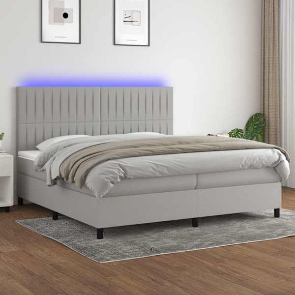 LED-valgustusega kontinentaalvoodi koos 2 madratsiga, helehall, 200 × 200 cm, kangas — mudel 3135061