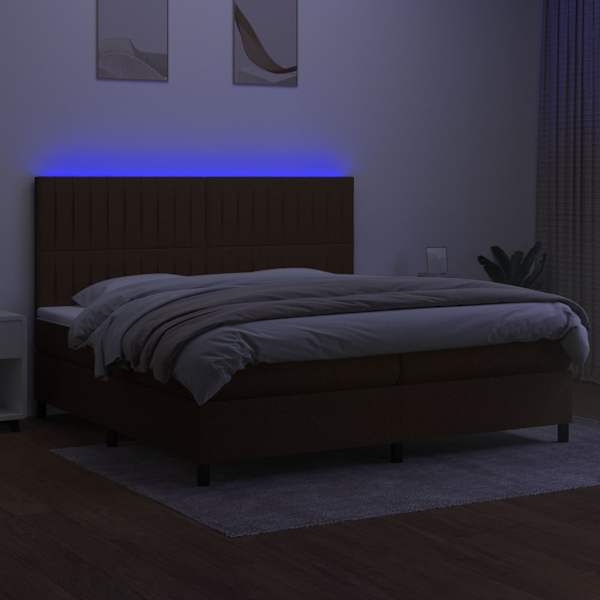 LED-valgustusega kontinentaalvoodi koos 2 madratsiga, tumepruun, 200 × 200 cm, kangas — mudel 3135064