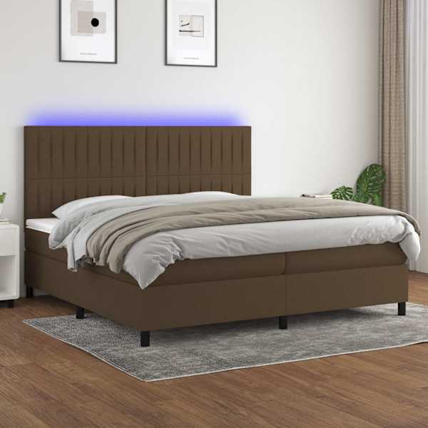 LED-valgustusega kontinentaalvoodi koos 2 madratsiga, tumepruun, 200 × 200 cm, kangas — mudel 3135064