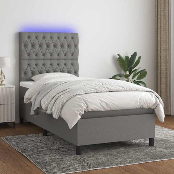 LED-valgustusega kontinentaalvoodi koos madratsiga, tumehall, 90 × 190 cm, kangas — mudel 3135078