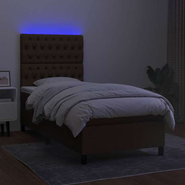 LED-valgustusega kontinentaalvoodi koos madratsiga, tumepruun, 90 × 190 cm, kangas — mudel 3135080