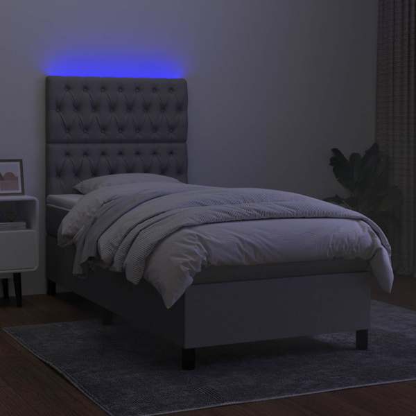 LED-valgustusega kontinentaalvoodi koos madratsiga, helehall, 100 × 200 cm, kangas — mudel 3135093