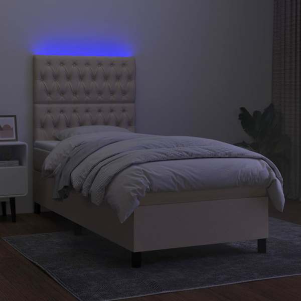 LED-valgustusega kontinentaalvoodi koos madratsiga, kreemjasvalge, 100 × 200 cm, kangas — mudel 3135098