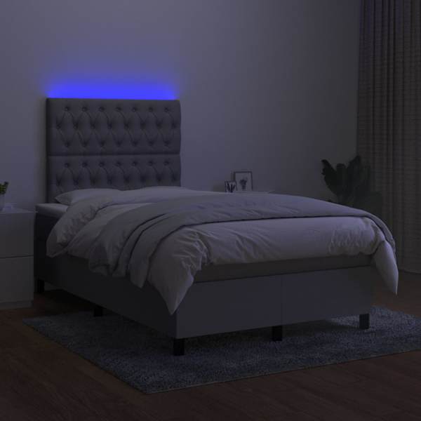 LED-valgustusega kontinentaalvoodi koos madratsiga, helehall, 120 × 200 cm, kangas — mudel 3135101