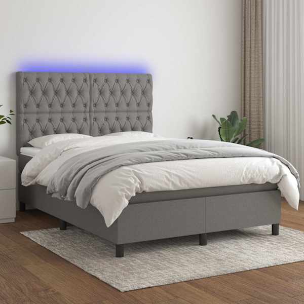 LED-valgustusega kontinentaalvoodi koos madratsiga, tumehall, 140 × 190 cm, kangas — mudel 3135110