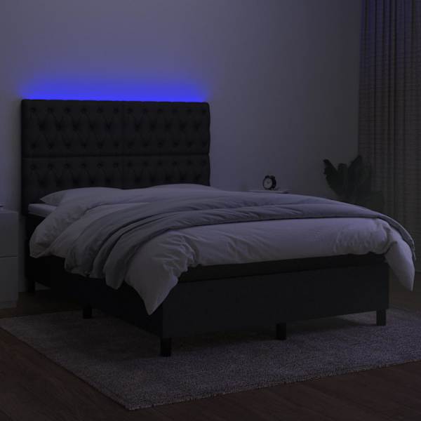 LED-valgustusega kontinentaalvoodi koos madratsiga, must, 140 × 200 cm, kangas — mudel 3135119